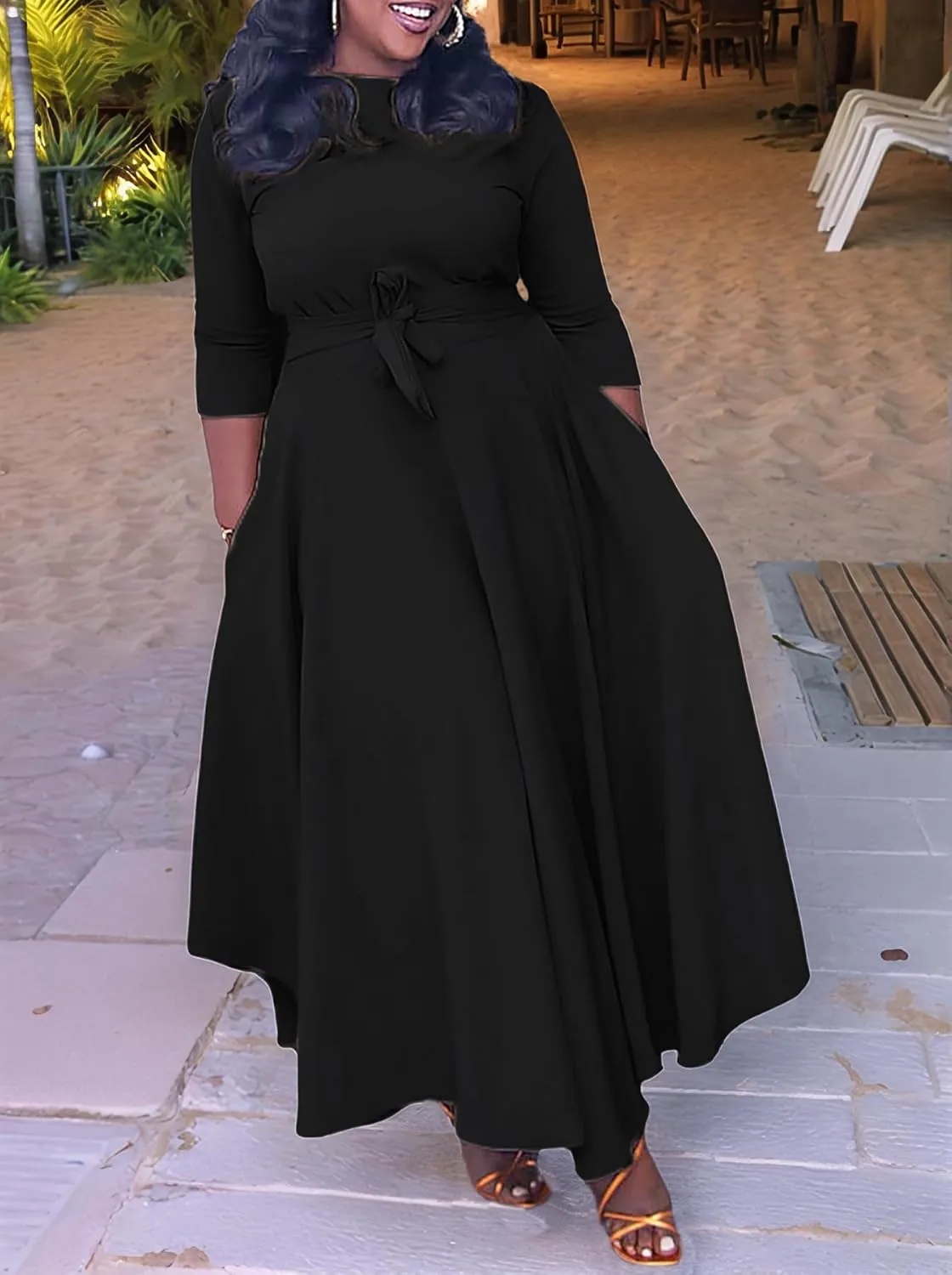 Plus Size Dress for Curvy Women Stretch Self Tie A-Line Maxi Dress with Pockets Swing Long Outfit