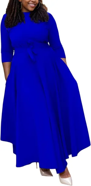 Plus Size Dress for Curvy Women Stretch Self Tie A-Line Maxi Dress with Pockets Swing Long Outfit