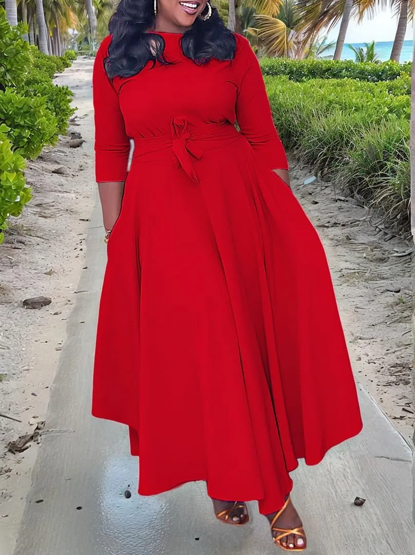 Plus Size Dress for Curvy Women Stretch Self Tie A-Line Maxi Dress with Pockets Swing Long Outfit