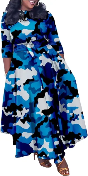 Plus Size Dress for Curvy Women Stretch Self Tie A-Line Maxi Dress with Pockets Swing Long Outfit