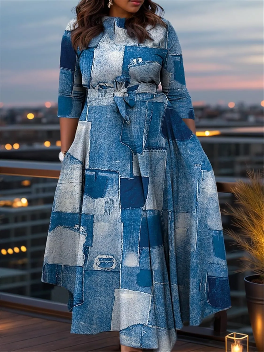 Plus Size Dress for Curvy Women Stretch Self Tie A-Line Maxi Dress with Pockets Swing Long Outfit