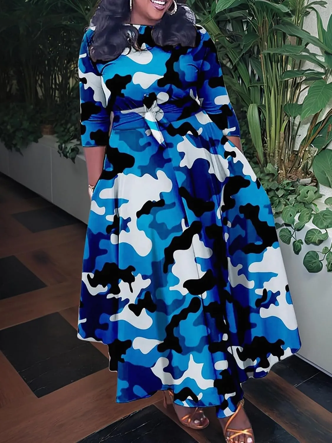 Plus Size Dress for Curvy Women Stretch Self Tie A-Line Maxi Dress with Pockets Swing Long Outfit
