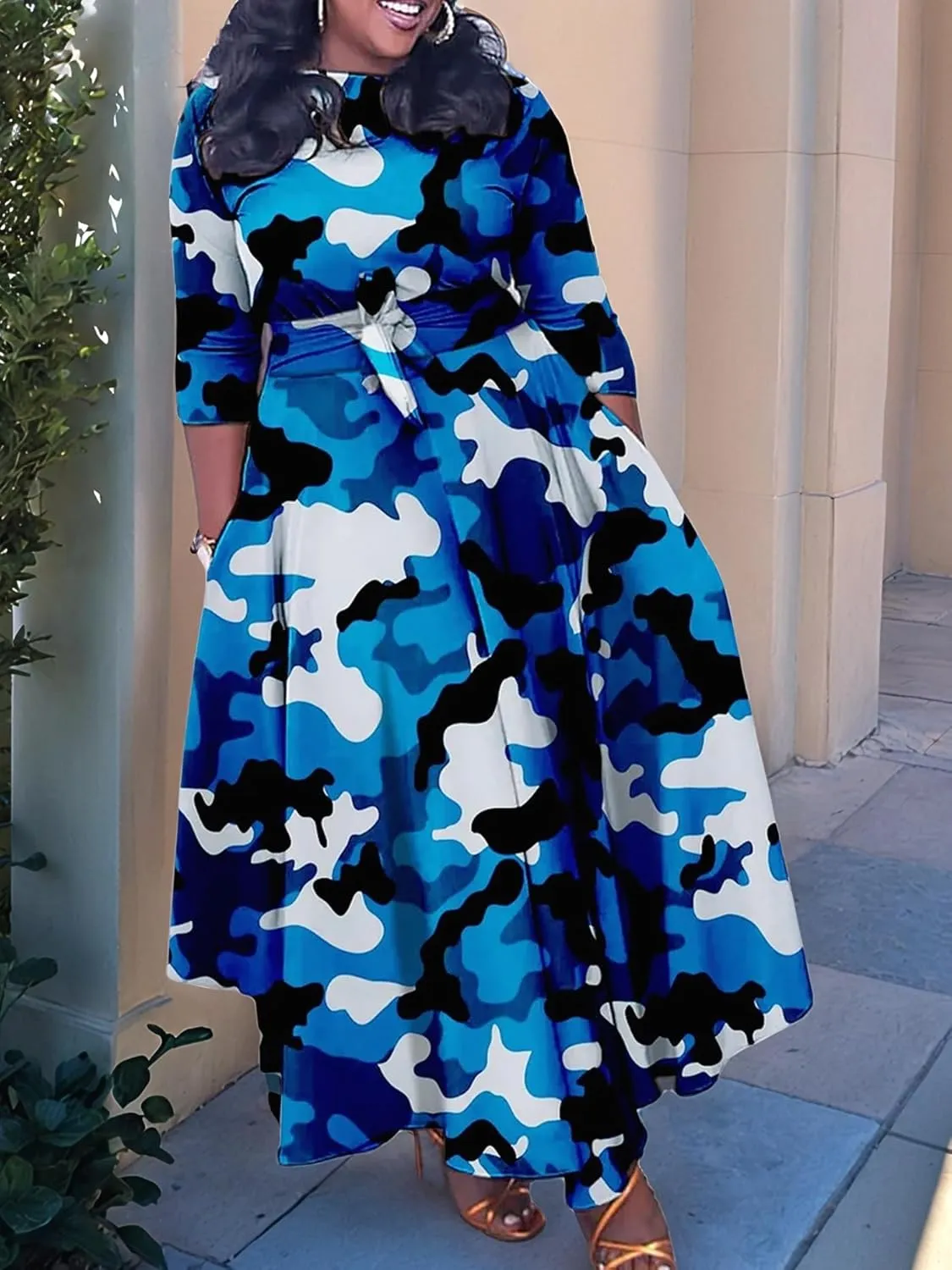 Plus Size Dress for Curvy Women Stretch Self Tie A-Line Maxi Dress with Pockets Swing Long Outfit