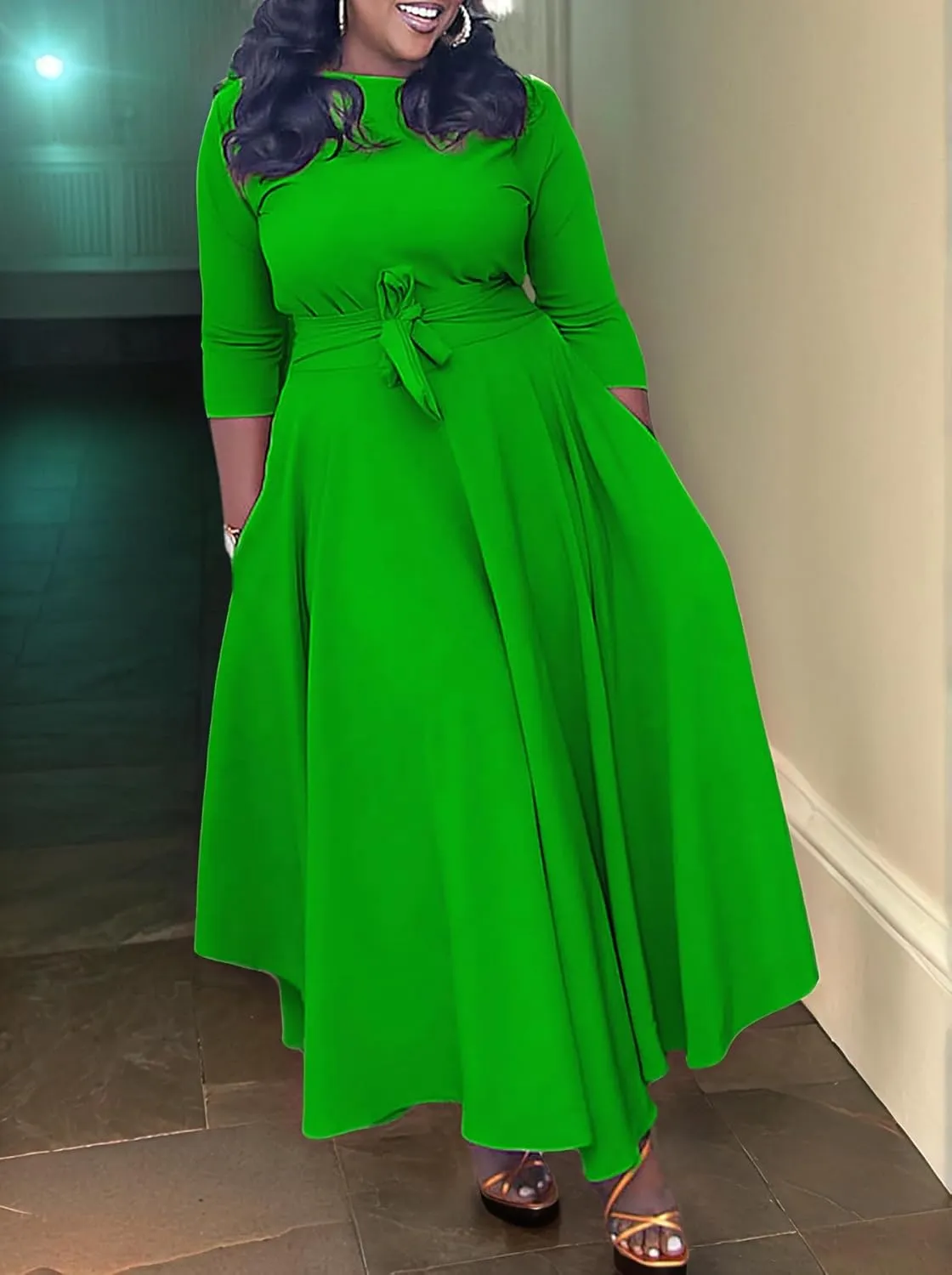Plus Size Dress for Curvy Women Stretch Self Tie A-Line Maxi Dress with Pockets Swing Long Outfit