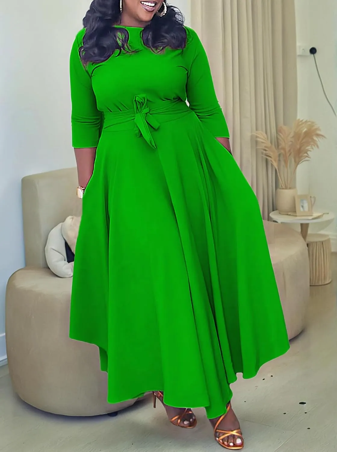 Plus Size Dress for Curvy Women Stretch Self Tie A-Line Maxi Dress with Pockets Swing Long Outfit