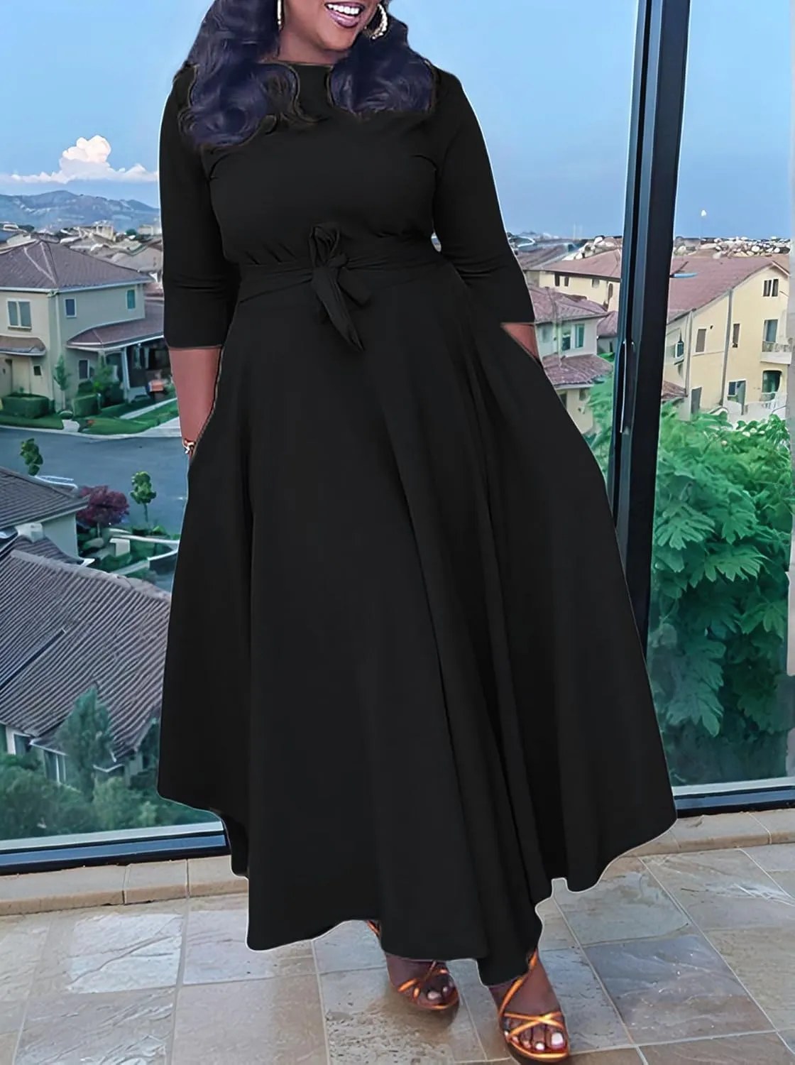 Plus Size Dress for Curvy Women Stretch Self Tie A-Line Maxi Dress with Pockets Swing Long Outfit