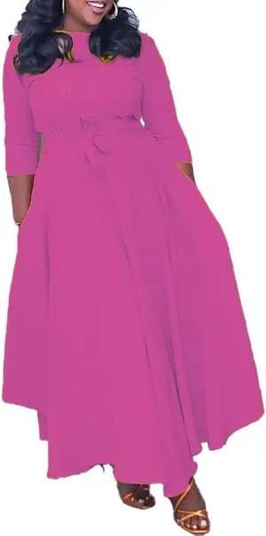 Plus Size Dress for Curvy Women Stretch Self Tie A-Line Maxi Dress with Pockets Swing Long Outfit