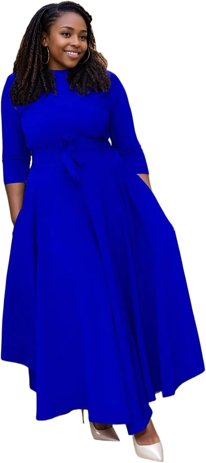 Plus Size Dress for Curvy Women Stretch Self Tie A-Line Maxi Dress with Pockets Swing Long Outfit
