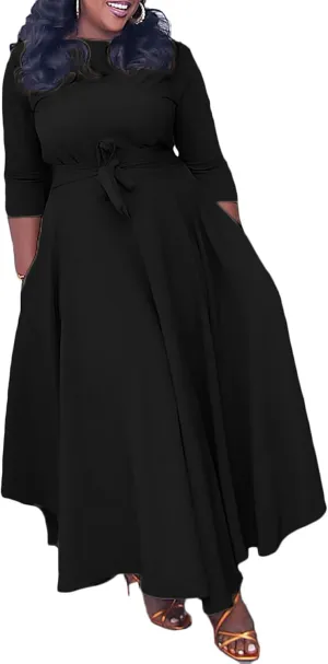 Plus Size Dress for Curvy Women Stretch Self Tie A-Line Maxi Dress with Pockets Swing Long Outfit