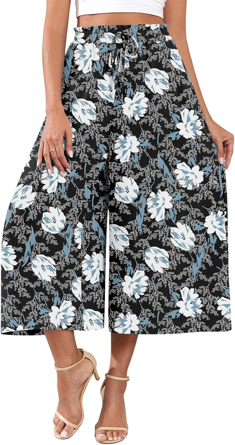 POPYOUNG Womens Capri Pants Wide Leg High Waisted Palazzo Lounge Pants Drawstring Casual Trousers with Pockets