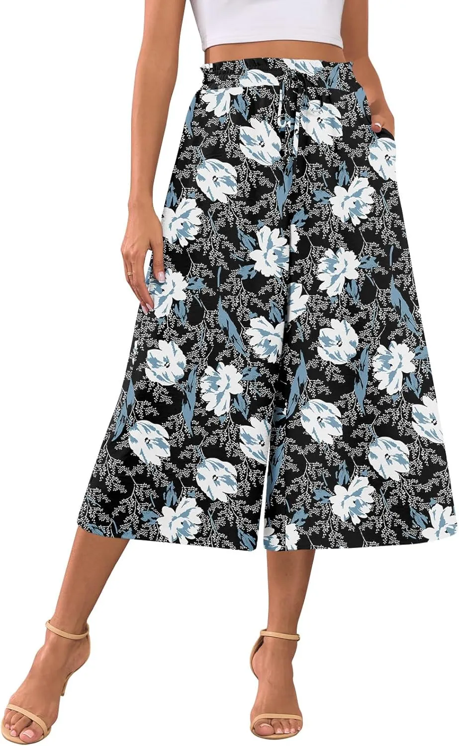 POPYOUNG Womens Capri Pants Wide Leg High Waisted Palazzo Lounge Pants Drawstring Casual Trousers with Pockets