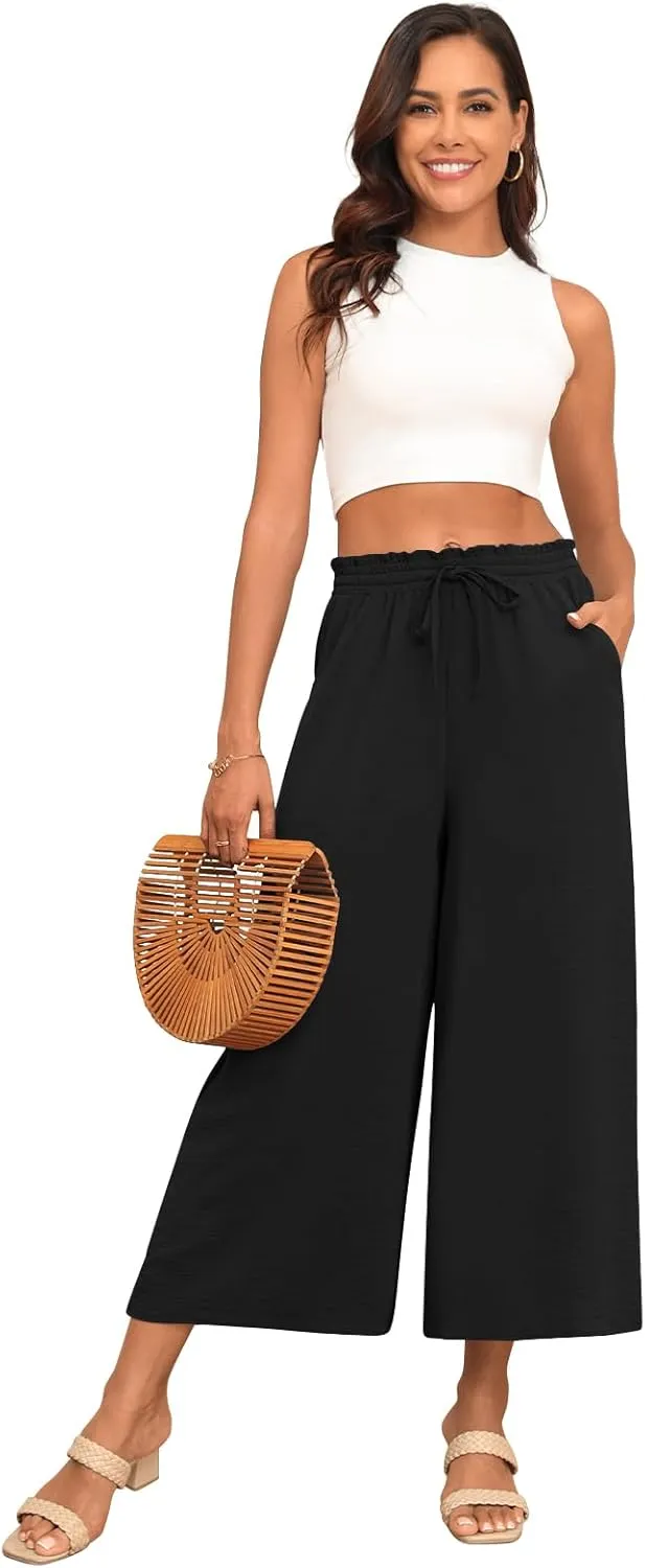 POPYOUNG Womens Capri Pants Wide Leg High Waisted Palazzo Lounge Pants Drawstring Casual Trousers with Pockets