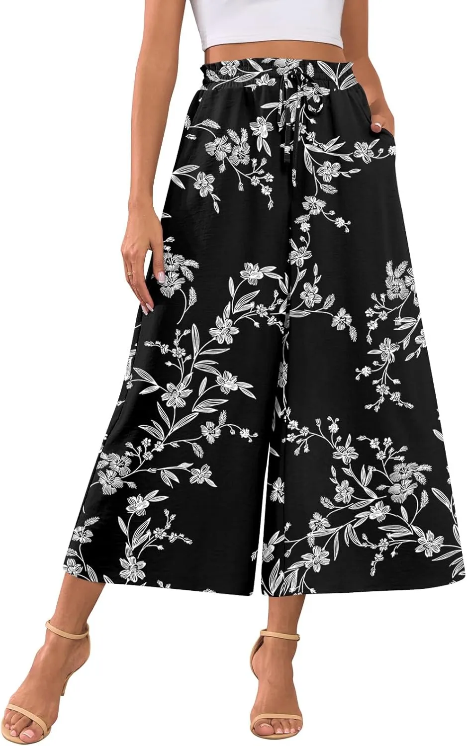 POPYOUNG Womens Capri Pants Wide Leg High Waisted Palazzo Lounge Pants Drawstring Casual Trousers with Pockets