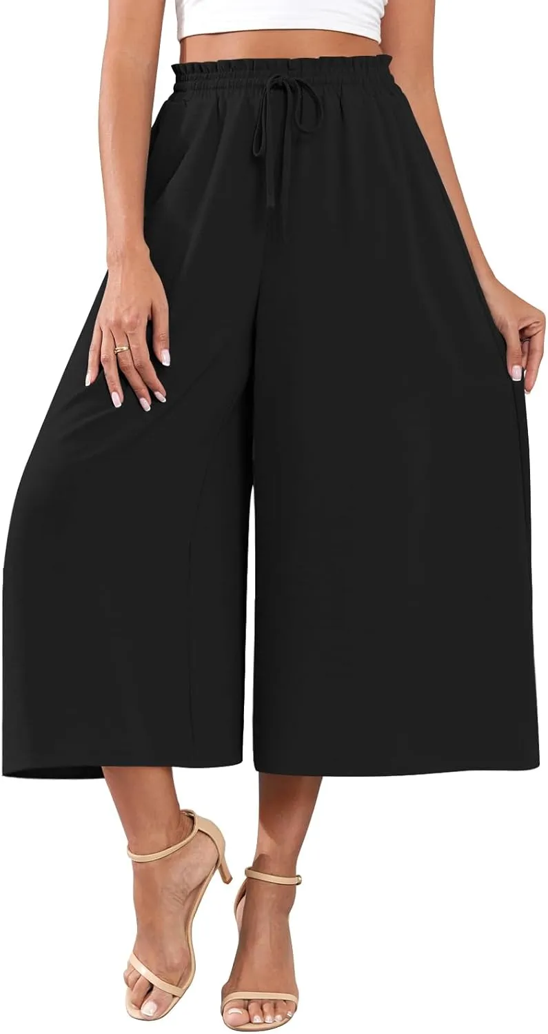 POPYOUNG Womens Capri Pants Wide Leg High Waisted Palazzo Lounge Pants Drawstring Casual Trousers with Pockets