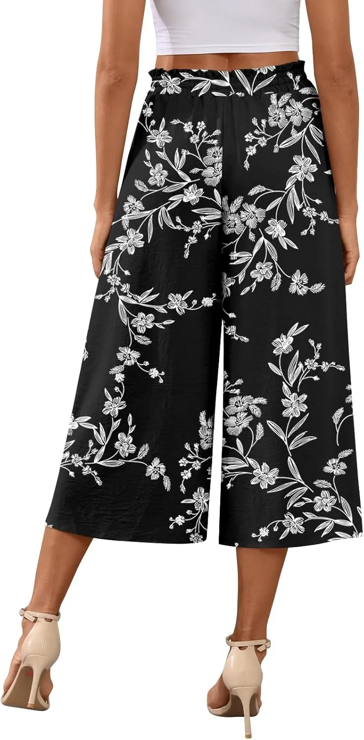 POPYOUNG Womens Capri Pants Wide Leg High Waisted Palazzo Lounge Pants Drawstring Casual Trousers with Pockets