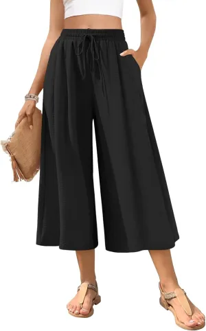 POPYOUNG Womens Capri Pants Wide Leg High Waisted Palazzo Lounge Pants Drawstring Casual Trousers with Pockets