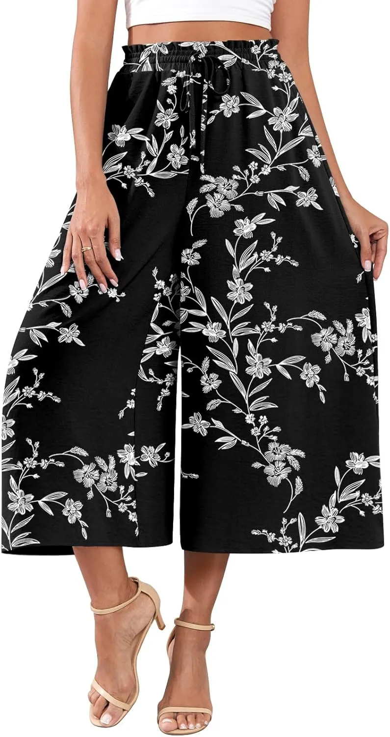 POPYOUNG Womens Capri Pants Wide Leg High Waisted Palazzo Lounge Pants Drawstring Casual Trousers with Pockets