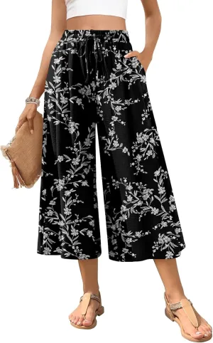 POPYOUNG Womens Capri Pants Wide Leg High Waisted Palazzo Lounge Pants Drawstring Casual Trousers with Pockets