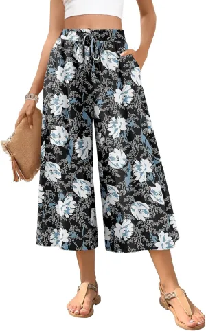POPYOUNG Womens Capri Pants Wide Leg High Waisted Palazzo Lounge Pants Drawstring Casual Trousers with Pockets