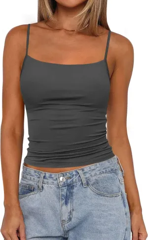 PRETTYGARDEN Summer Tank Tops for Women 2025 Sleeveless Spaghetti Strap Camisole Basic Crop Top Cute Going Out Fitted Shirts