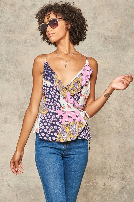 Promesa Patchwork Floral Wrap Cami Top