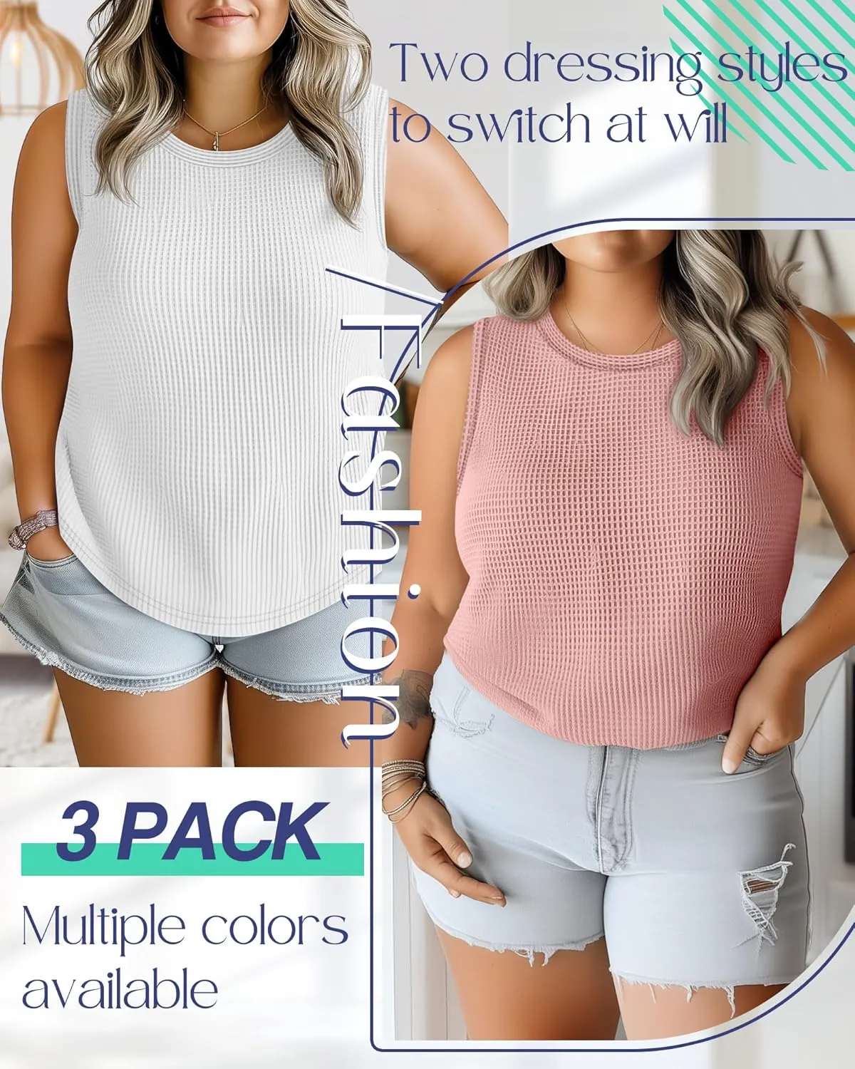 Riyiper 3 Pack Women's Plus Size Tank Tops, Waffle Knit Crew Neck Sleeveless Shirts Summer Casual Loose Curved Hem Tunic Tops