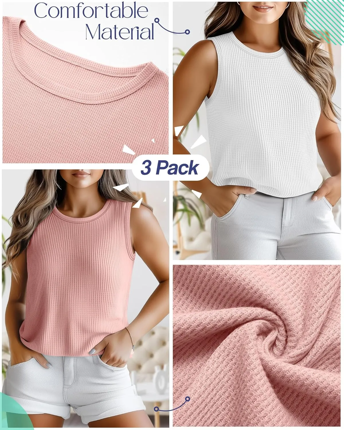 Riyiper 3 Pack Women's Plus Size Tank Tops, Waffle Knit Crew Neck Sleeveless Shirts Summer Casual Loose Curved Hem Tunic Tops