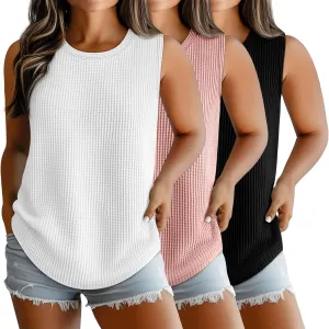Riyiper 3 Pack Women's Plus Size Tank Tops, Waffle Knit Crew Neck Sleeveless Shirts Summer Casual Loose Curved Hem Tunic Tops