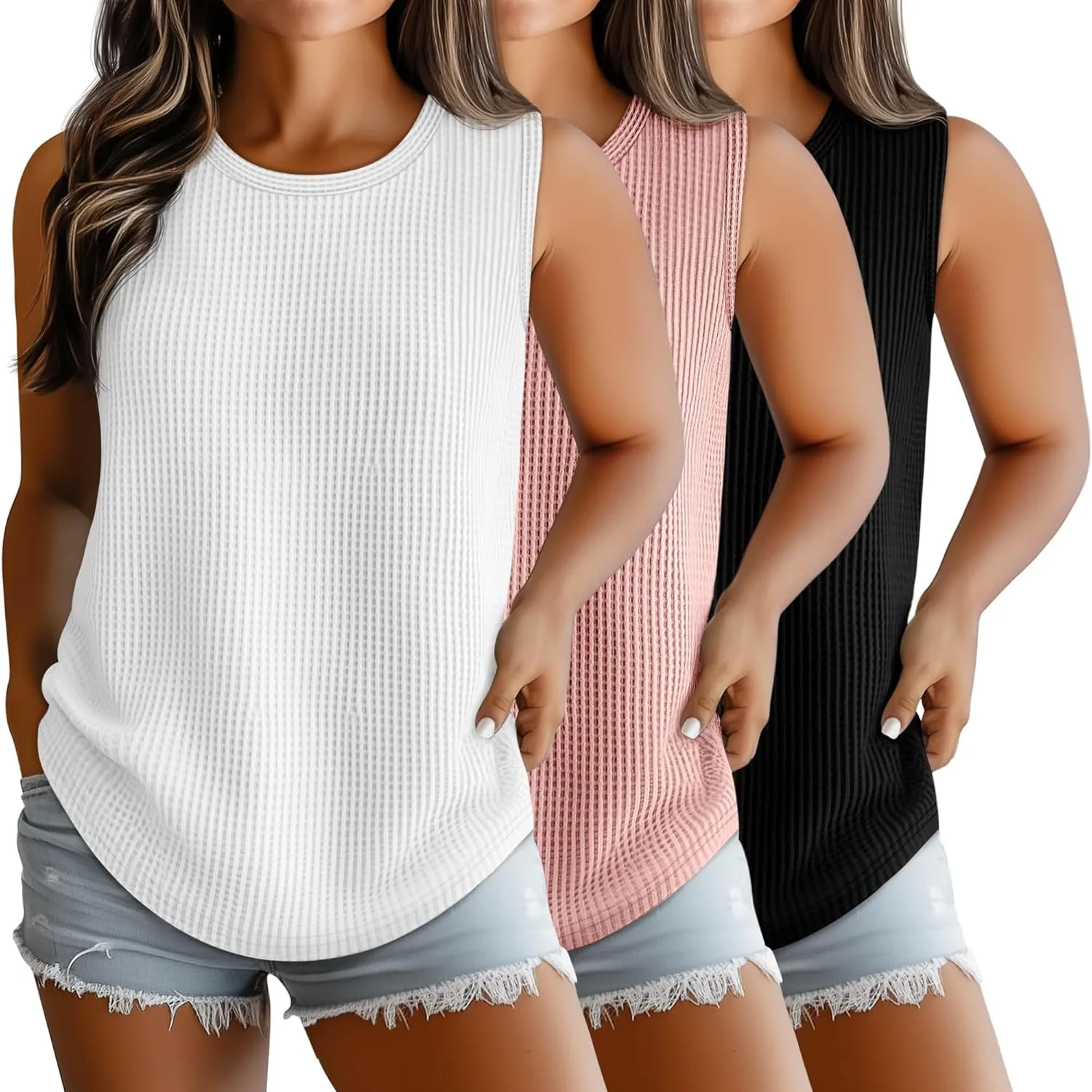 Riyiper 3 Pack Women's Plus Size Tank Tops, Waffle Knit Crew Neck Sleeveless Shirts Summer Casual Loose Curved Hem Tunic Tops