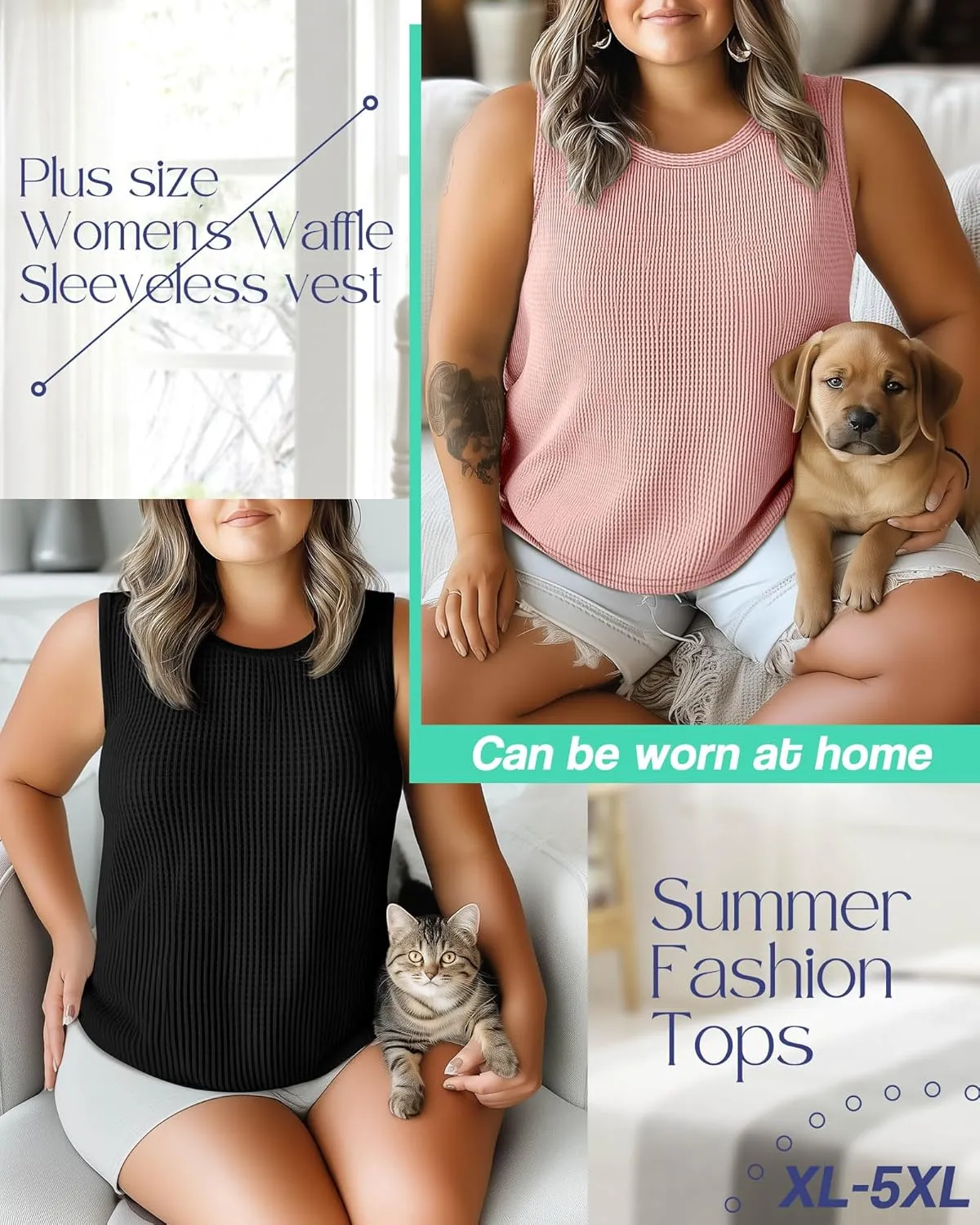 Riyiper 3 Pack Women's Plus Size Tank Tops, Waffle Knit Crew Neck Sleeveless Shirts Summer Casual Loose Curved Hem Tunic Tops