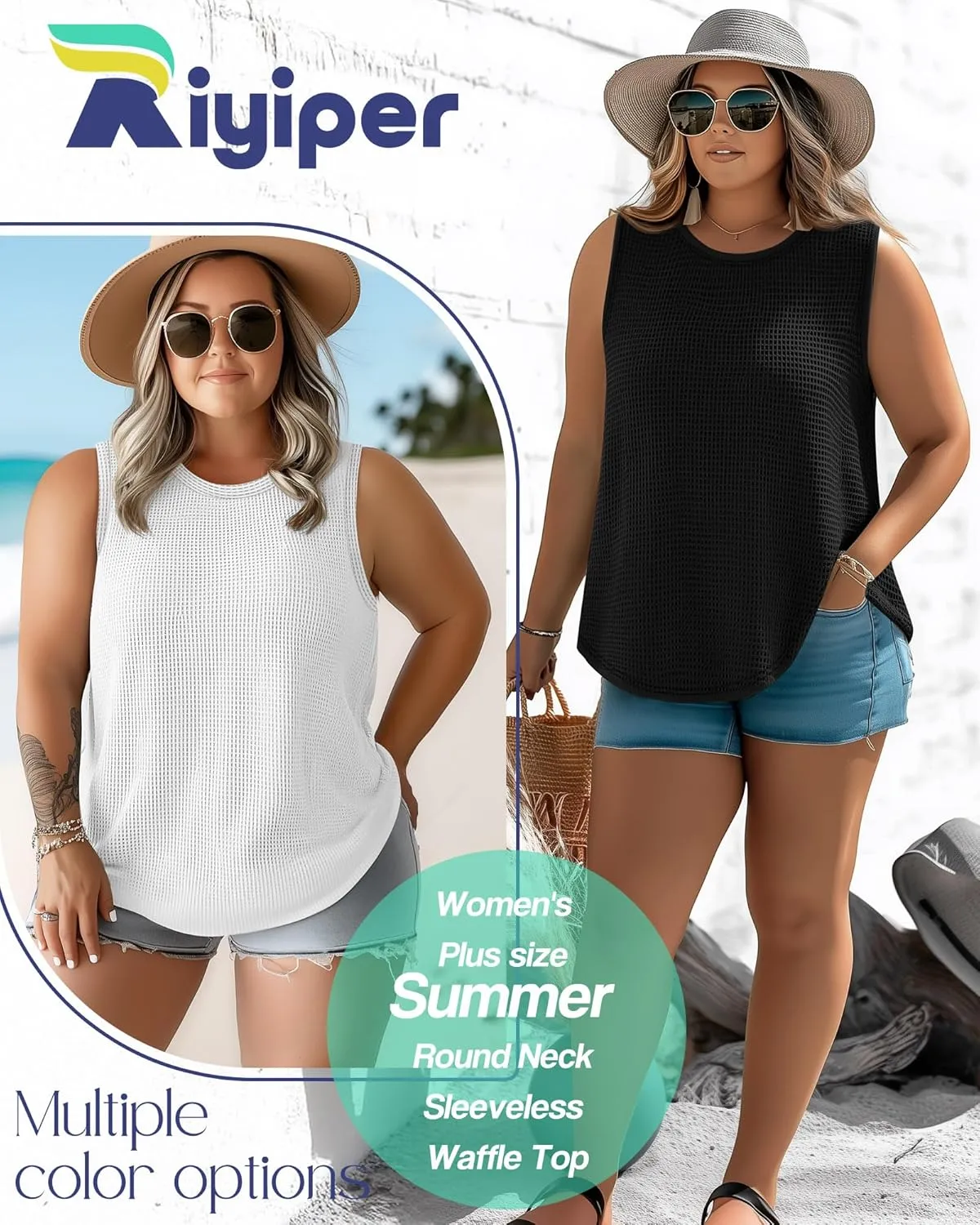 Riyiper 3 Pack Women's Plus Size Tank Tops, Waffle Knit Crew Neck Sleeveless Shirts Summer Casual Loose Curved Hem Tunic Tops