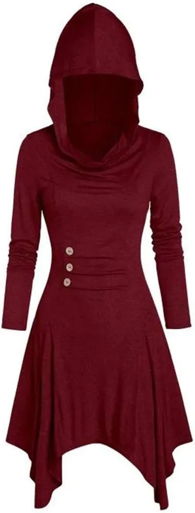 RKSTN Gothic Hoodie Dress Long Hoodies Tops Blouses for Women Costumes Lace Up Hooded Coat Pullover High Low Bandage Cloak
