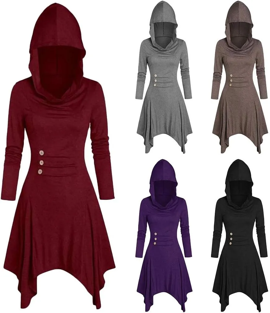 RKSTN Gothic Hoodie Dress Long Hoodies Tops Blouses for Women Costumes Lace Up Hooded Coat Pullover High Low Bandage Cloak