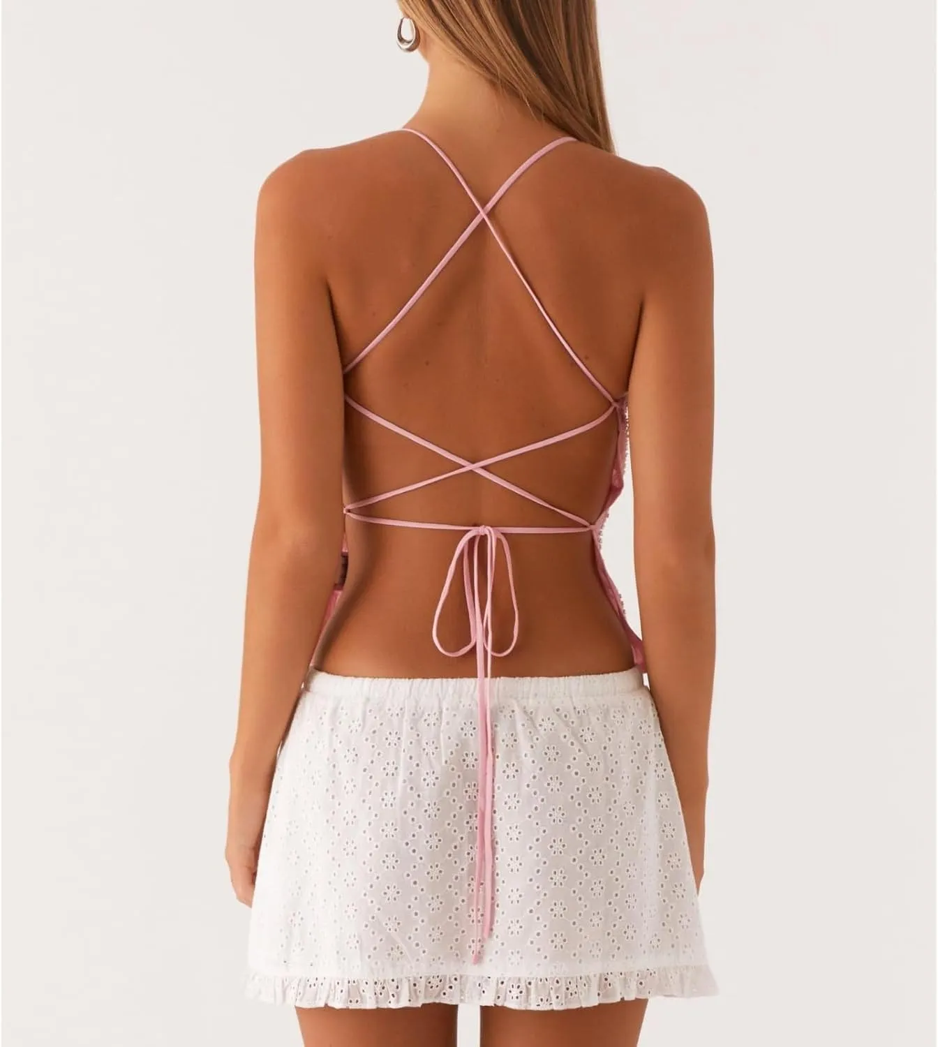 SAFRISIOR Women Y2K Floral Sequin Cami Top Sexy Sparkle Tank V Neck Open Back Cute Criss Cross Straps Halter Crop Tops