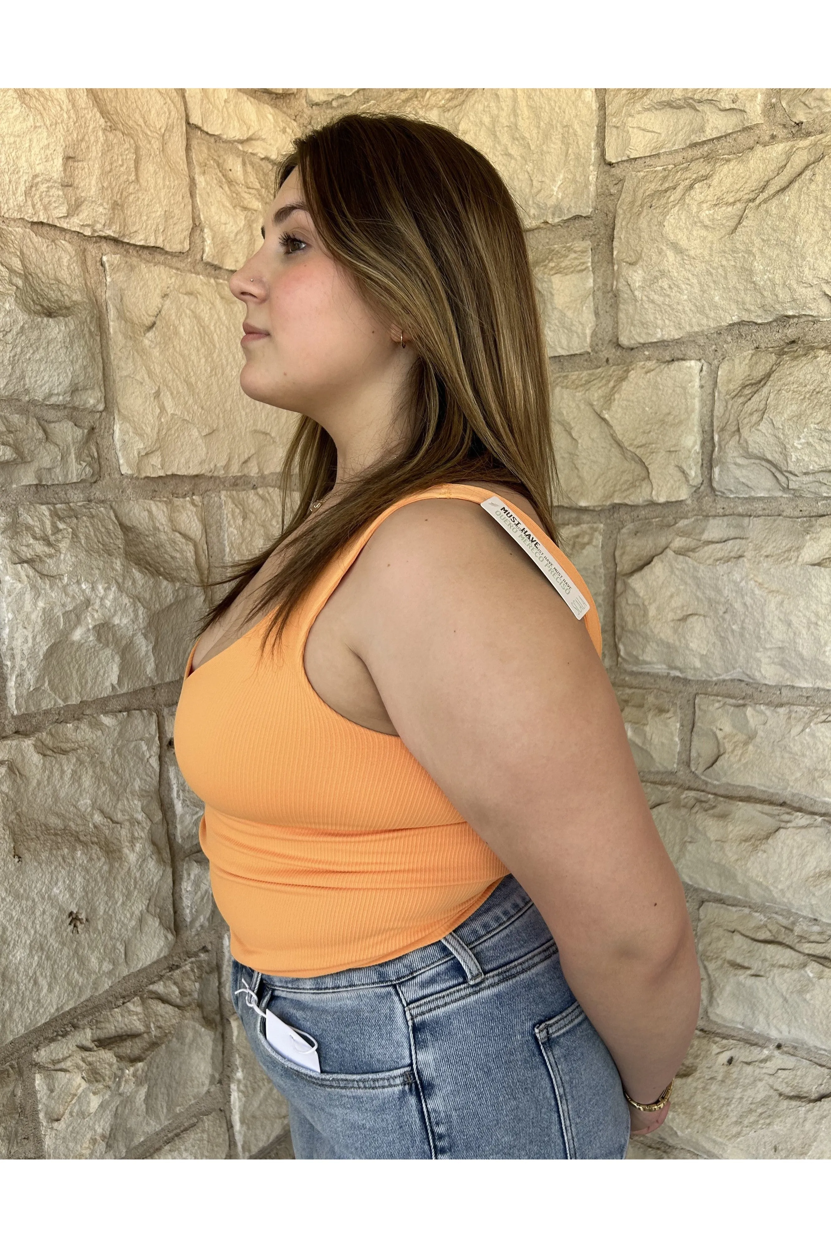 Scala Seamless Double V Neck Tank With Built In Bra In Papaya