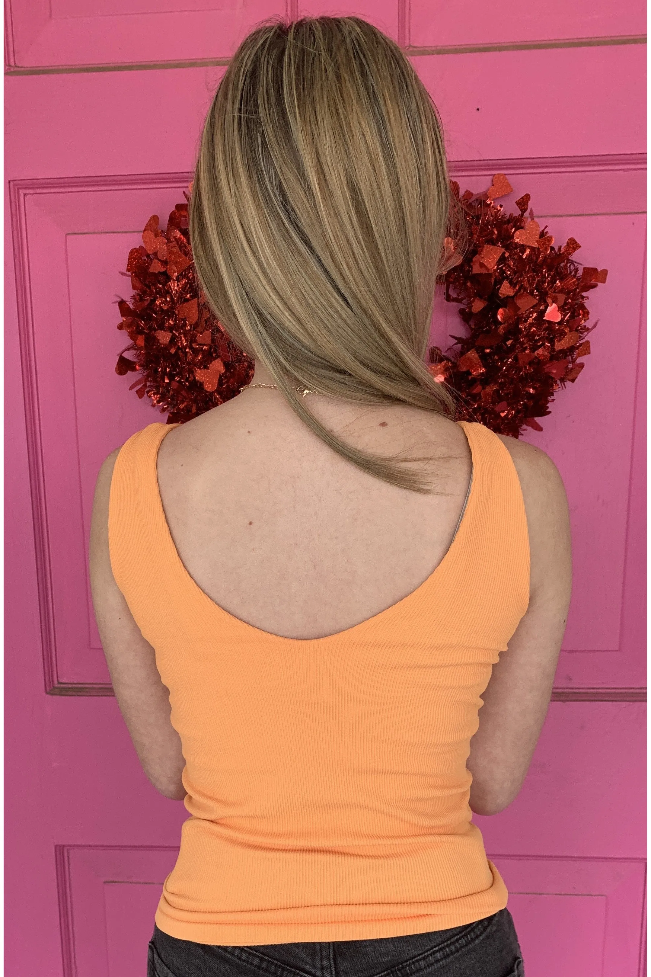 Scala Seamless Double V Neck Tank With Built In Bra In Papaya