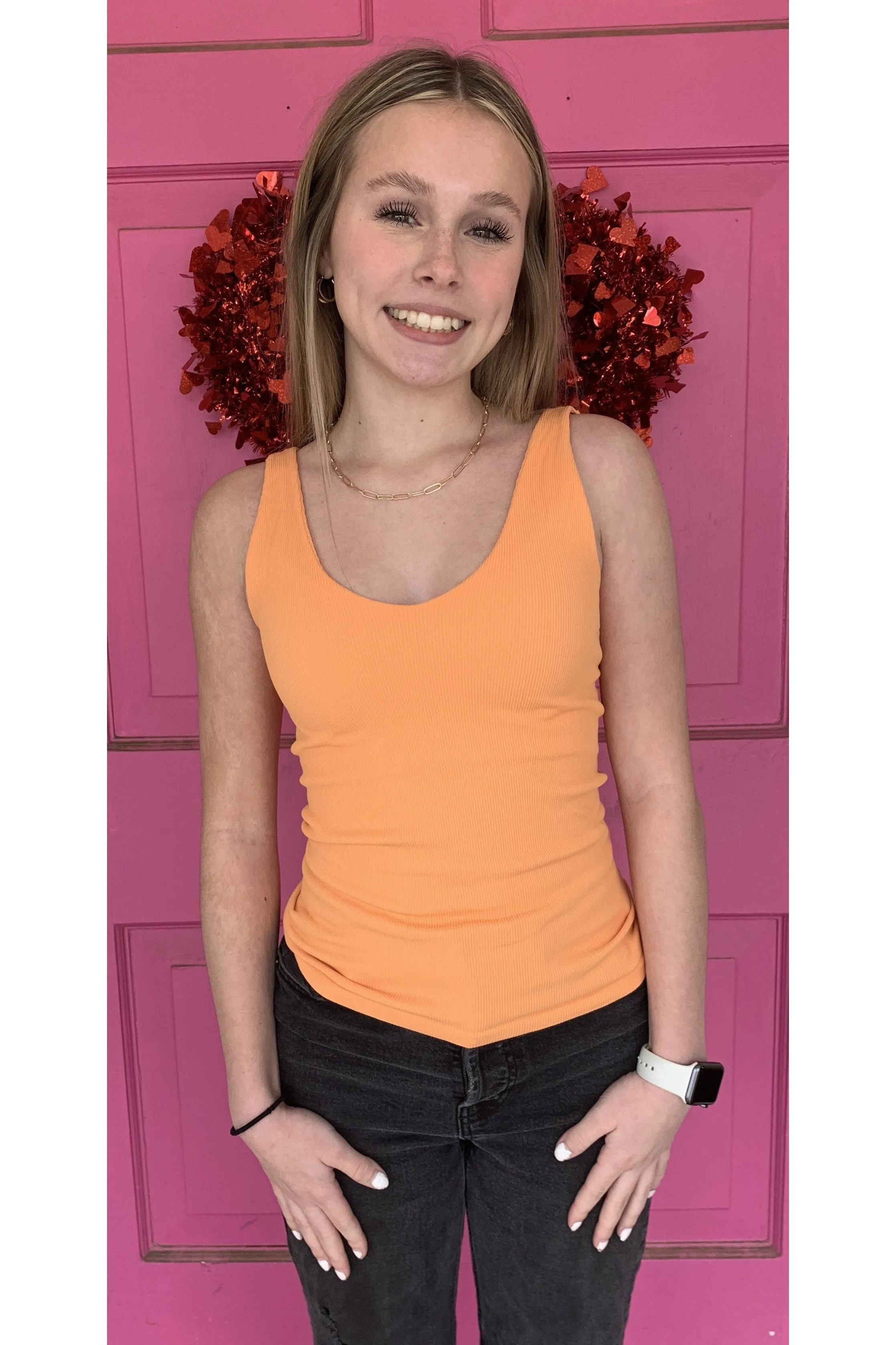 Scala Seamless Double V Neck Tank With Built In Bra In Papaya