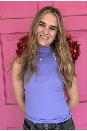 Scala Seamless Ribbed Sleeveless Turtleneck With Built In Bra In Sky Violet