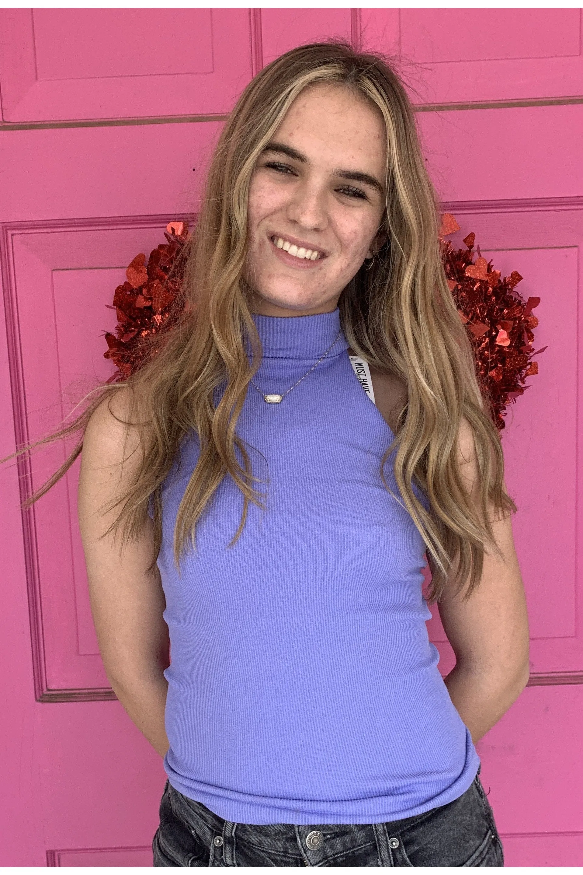 Scala Seamless Ribbed Sleeveless Turtleneck With Built In Bra In Sky Violet