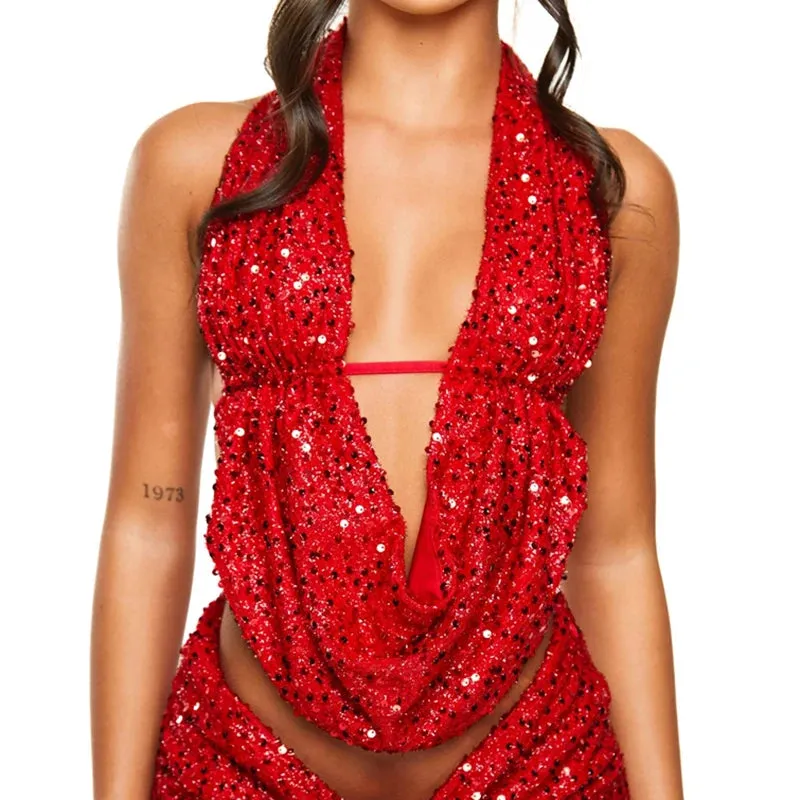 Sequin Low Cut V-Neck Halter Top