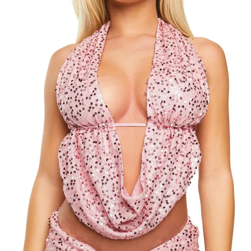 Sequin Low Cut V-Neck Halter Top