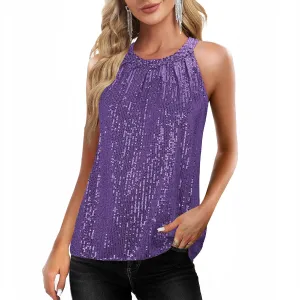 Sequin Tops for Women Sparkly Tops Sleeveless Halter Tank Concert Outfits Party Club Cocktail Vest Disco Clothes