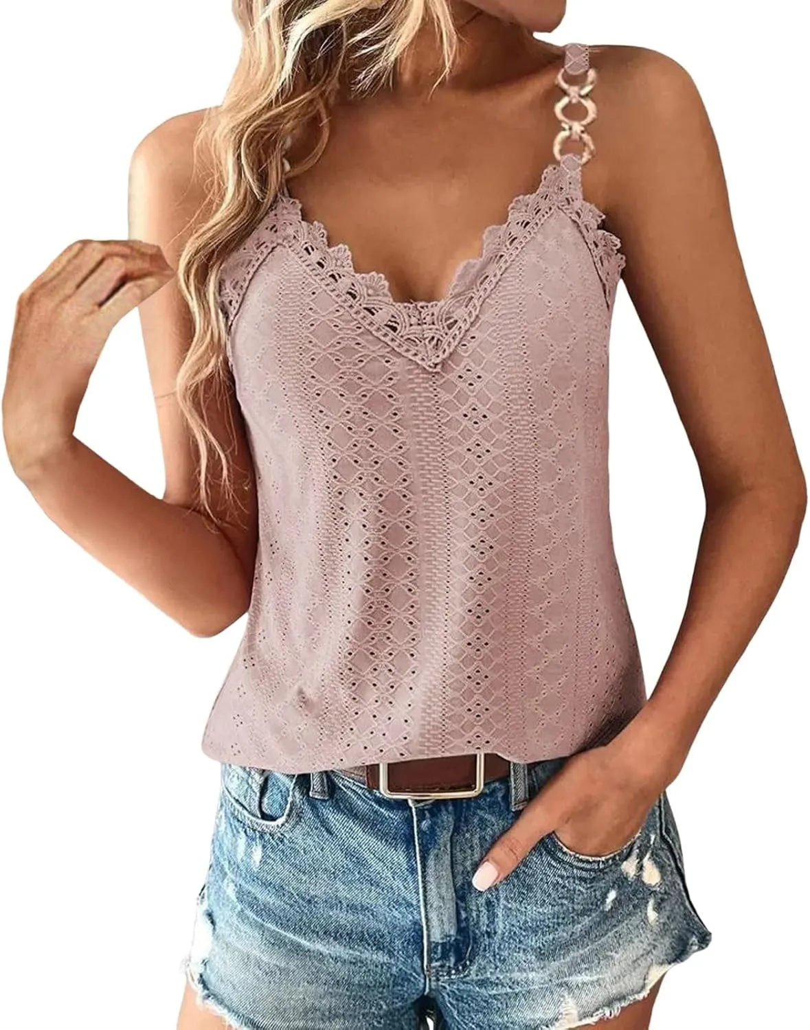 Sexy Lace Trim Tank Tops for Women Summer Chain Spaghetti Strap V Neck Shirts Fashion Hollow Out Sleeveless Camisole