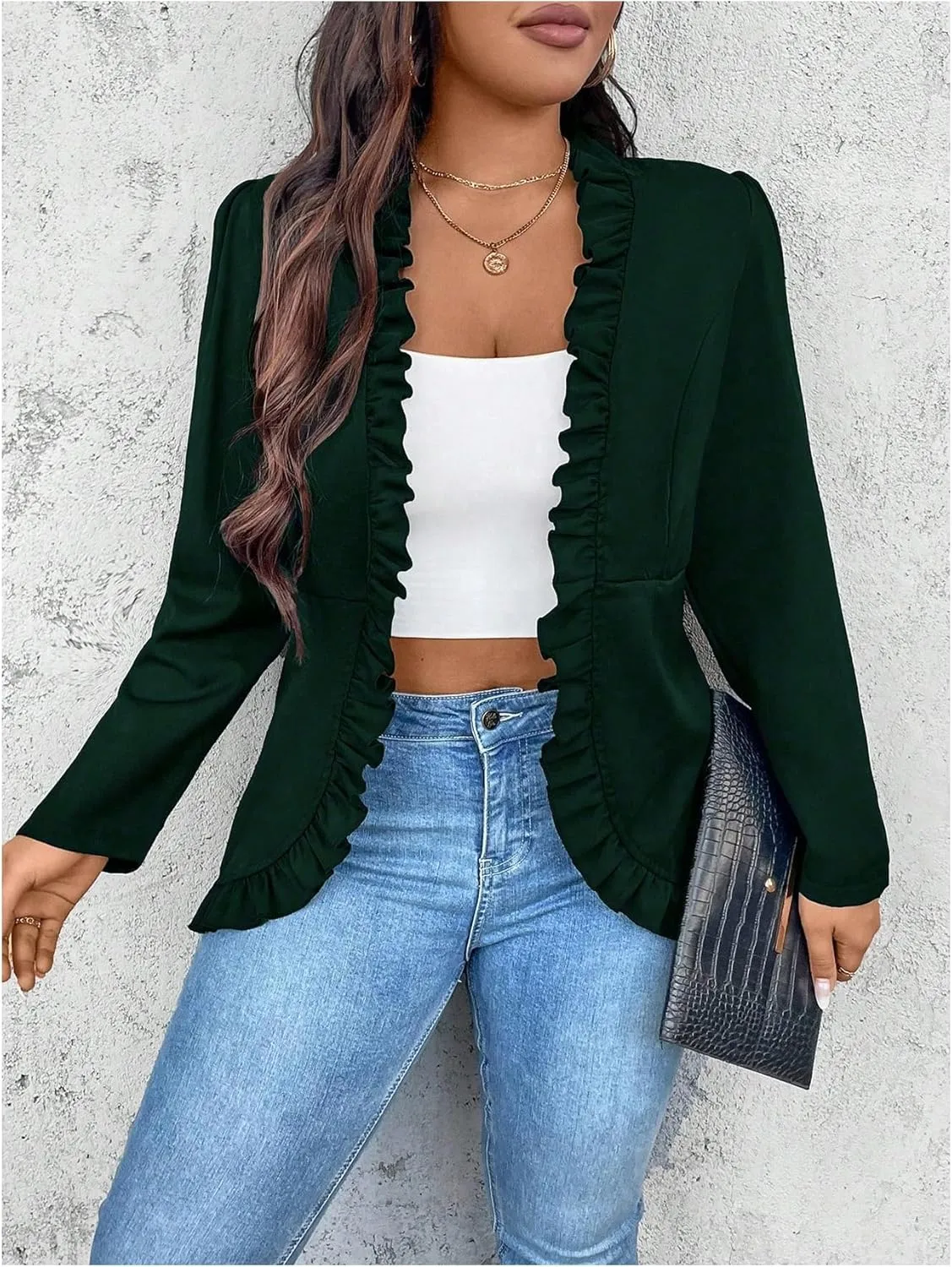 SHENHE Women's Plus Size Open Front Ruffle Trim Elegant Business Casual Office Blazer Jacket