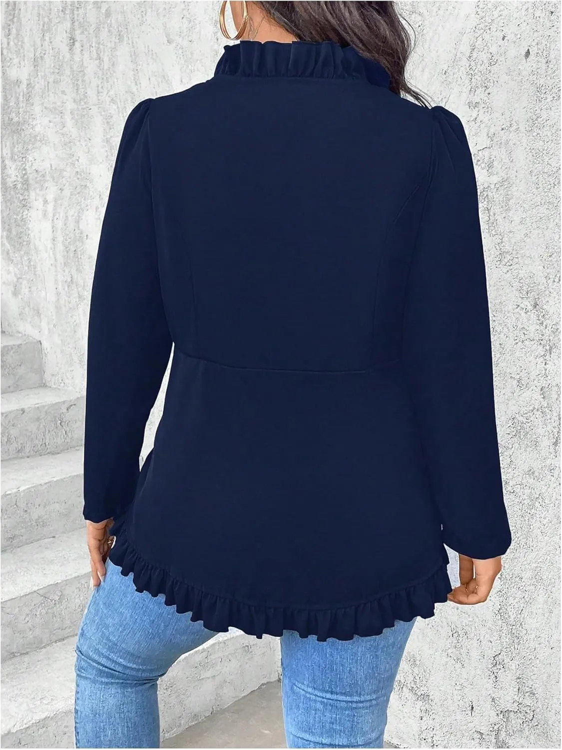SHENHE Women's Plus Size Open Front Ruffle Trim Elegant Business Casual Office Blazer Jacket