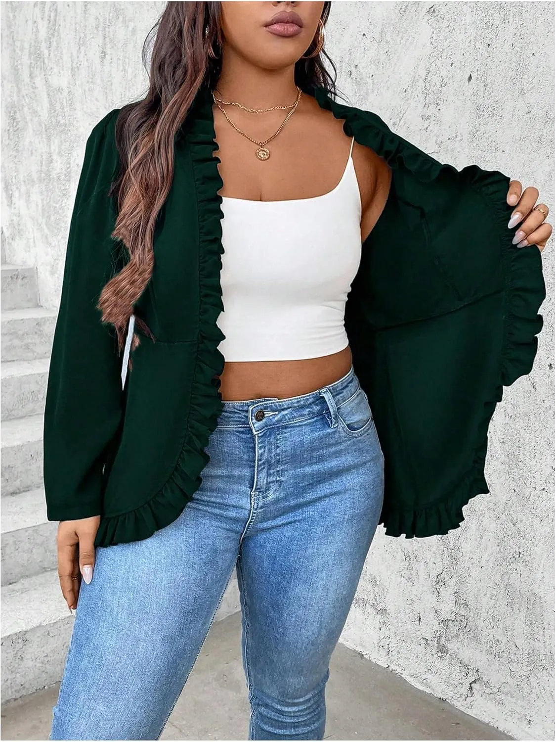 SHENHE Women's Plus Size Open Front Ruffle Trim Elegant Business Casual Office Blazer Jacket