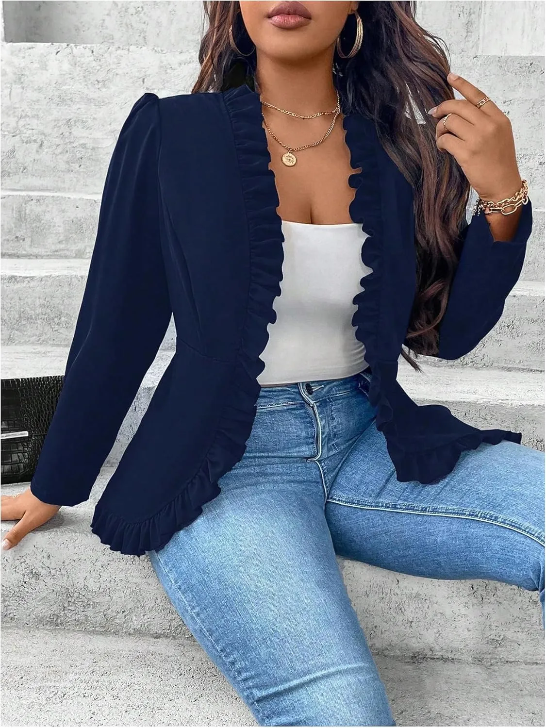 SHENHE Women's Plus Size Open Front Ruffle Trim Elegant Business Casual Office Blazer Jacket