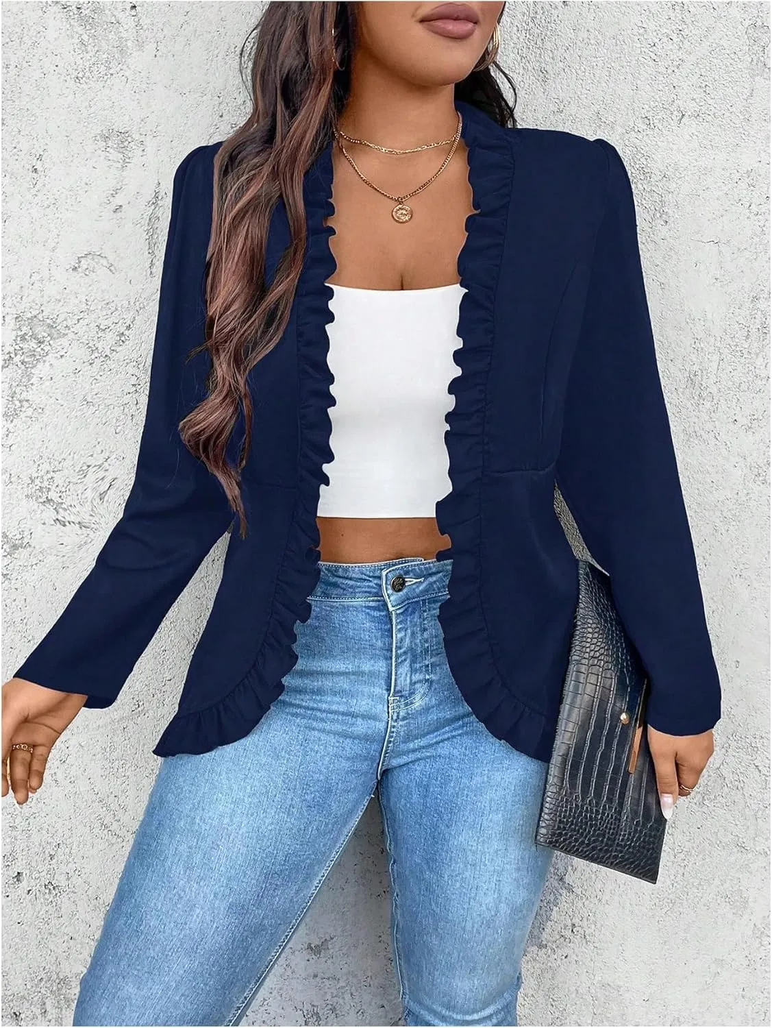 SHENHE Women's Plus Size Open Front Ruffle Trim Elegant Business Casual Office Blazer Jacket