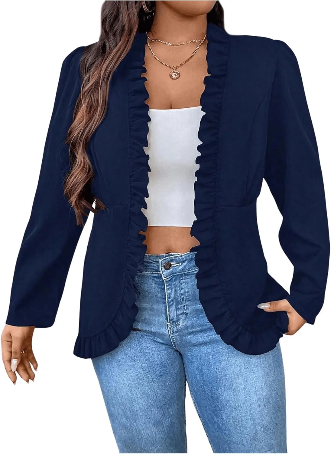 SHENHE Women's Plus Size Open Front Ruffle Trim Elegant Business Casual Office Blazer Jacket