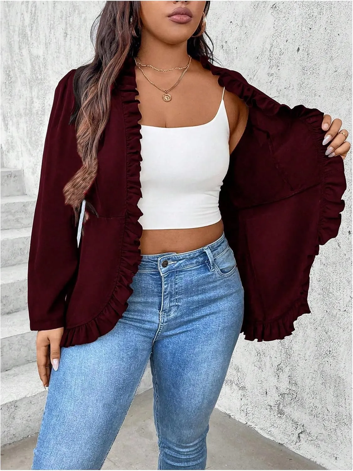 SHENHE Women's Plus Size Open Front Ruffle Trim Elegant Business Casual Office Blazer Jacket